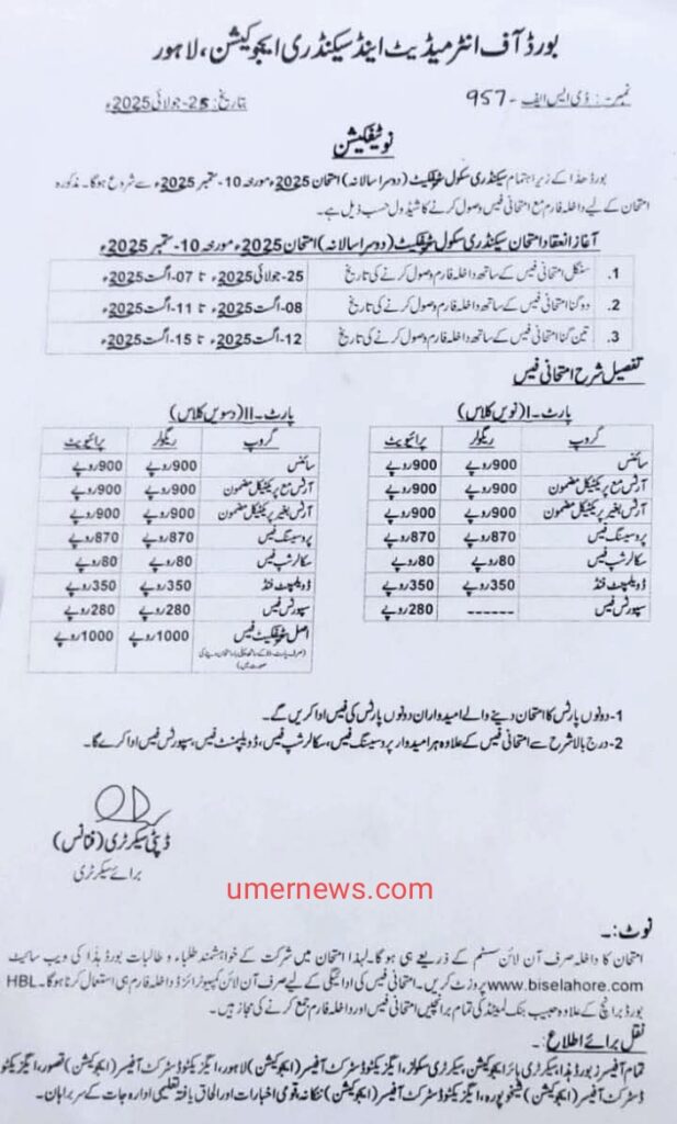 BISE Lahore Secondary School Second Annual Examination 2025
